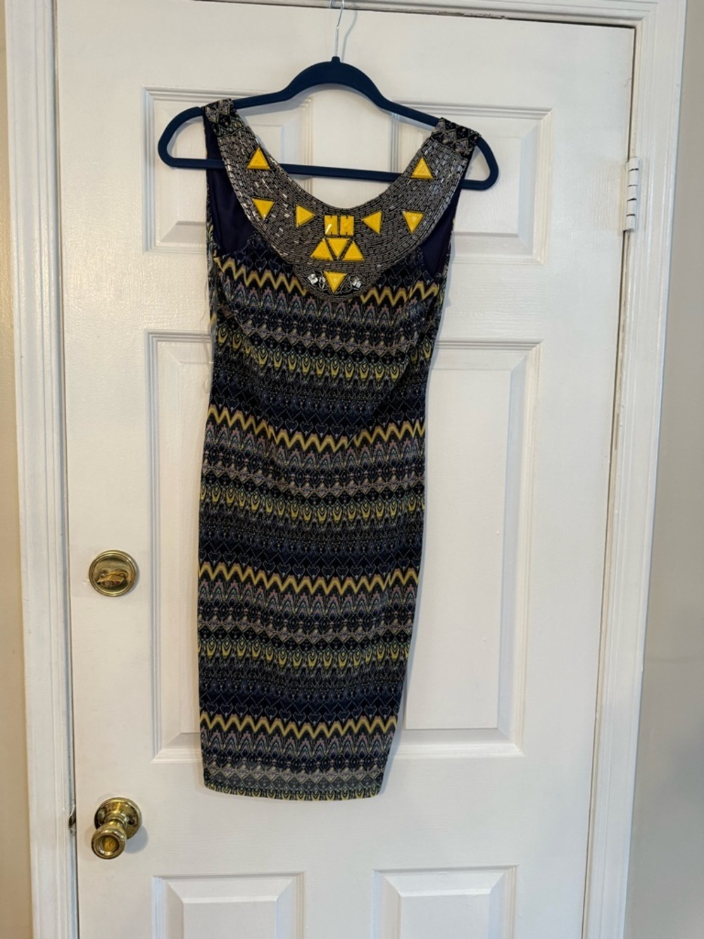 Navy and Yellow Patterned Sleeveless Midi Dress